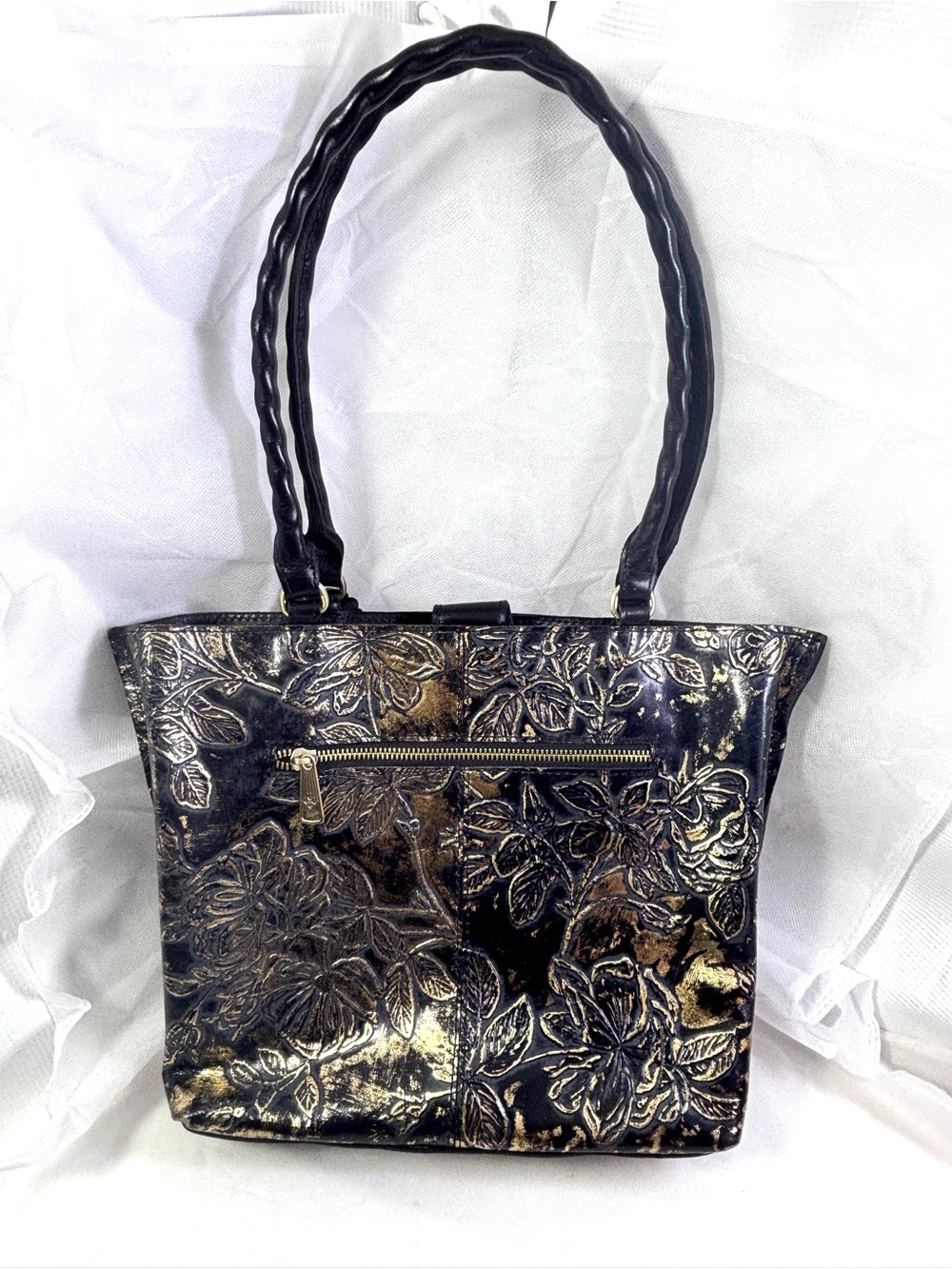 Patricia Nash Alexia MD Leather Bark Leaves Tote. Black/Gold.